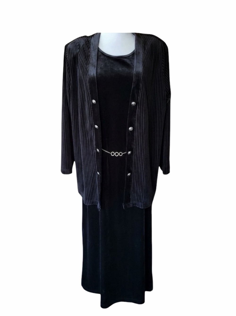 Late 80s/90s Colon Wear Black Velour Slip Maxi Dress & Matching Ribbed Jacket Se